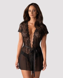 Пеньюар Obsessive Alluria peignoir & thong, L/XL, прозрачный, с кружевом, пояс, трусики в комплекте