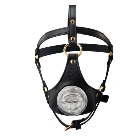 Маска-сбруя для минета LOCKINK SEVANDA Blowjob Head Harness, черная, с мягкой вставкой в виде губ