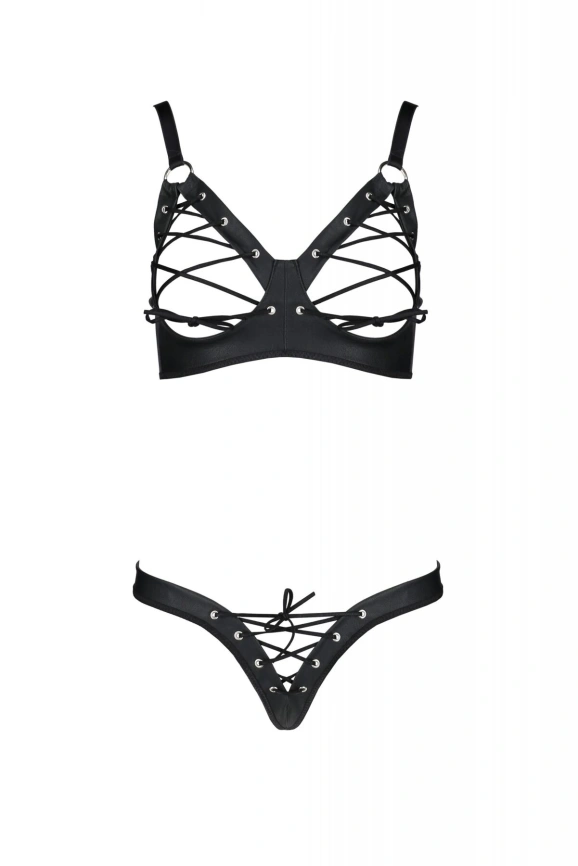 Комплект из экокожи Passion CELINE BIKINI 4XL/5XL black, открытый бра, стринги со шнуровкой фото 3