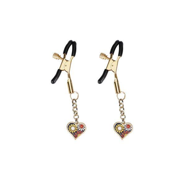 Затискачі для сосків з підвіскою Liebe Seele Nipple Clamps Gold Heart-shaped Flowers on Blue фото 1