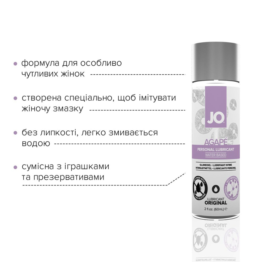 Змазка на водній основі JO AGAPE — ORIGINAL (60 мл) без гліцерину, гліколю та парабенів фото 3