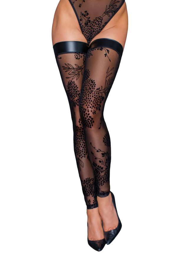 Панчохи без миска Noir Handmade F243 Tulle stockings with patterned flock embroidery, S фото 1