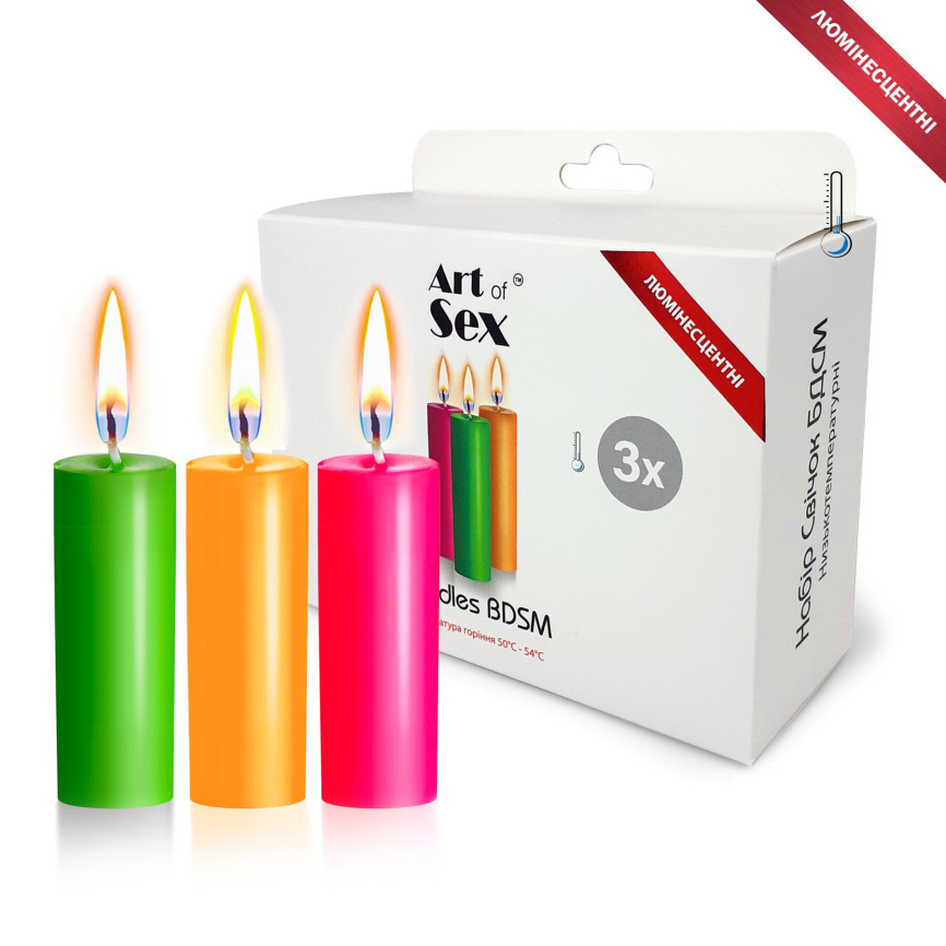Набір воскових свічок Art of Sex size S 10 см (3 шт), низькотемпературні, люмінісцентні фото 1
