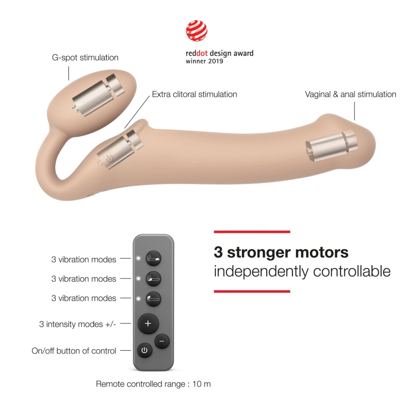 Безремневой страпон с вибрацией Strap-On-Me Vibrating Flesh M, диаметр 3,3см, пульт ДУ, регулируемый фото 9