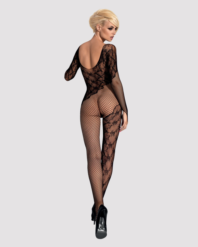 Бодістокінг Obsessive Bodystocking F210 S/M/L black, рукава-мітенки, сітка, кольорове мереживо фото 5