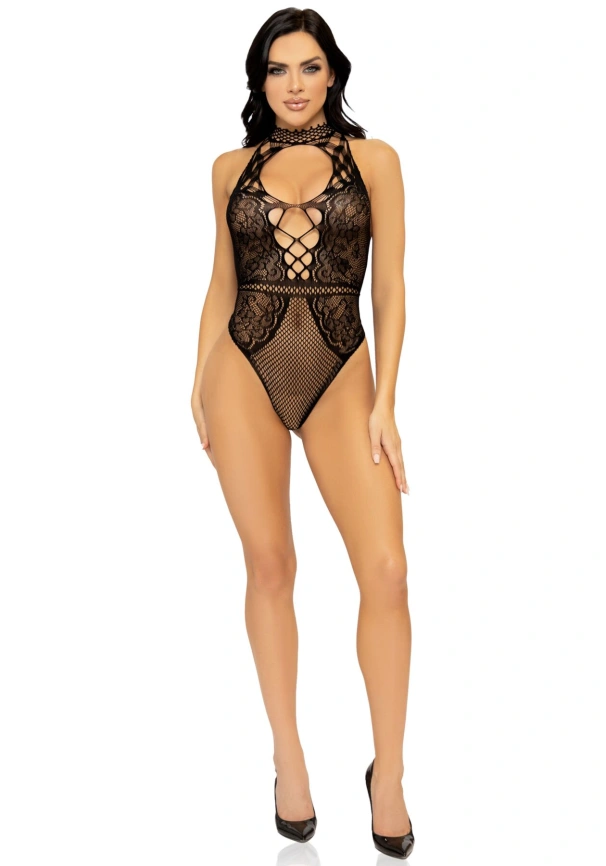 Leg Avenue Net and lace halter bodysuit OS Black фото 6