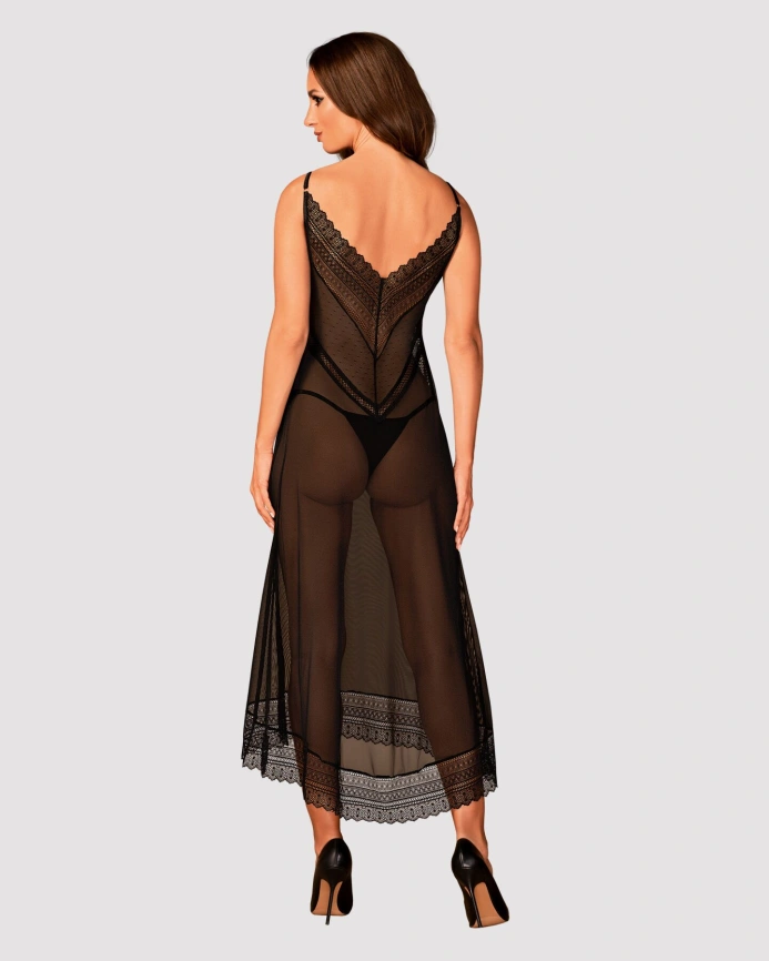 Полупрозрачная длинная сорочка Obsessive Estiqua chemise XL/2XL, черный, ассиметричный крой фото 4