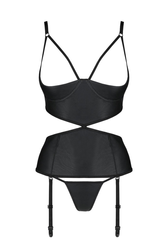 Корсет з відкритими грудьми Passion JANNIES CORSET L/XL black, стрінги в наборі фото 3