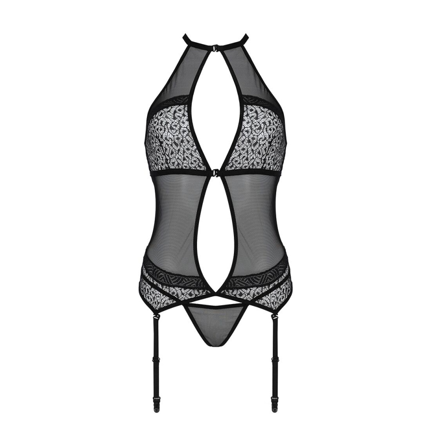 Корсет з пажами Passion SATARA CORSET L/XL black, стрінги, мереживо, застібки спереду та ззаду фото 10