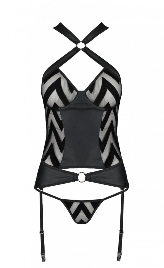 Сетчатый комплект с узором Passion HIMA CORSET L/XL, black, корсет с халтером, подвязки, трусики фото 5