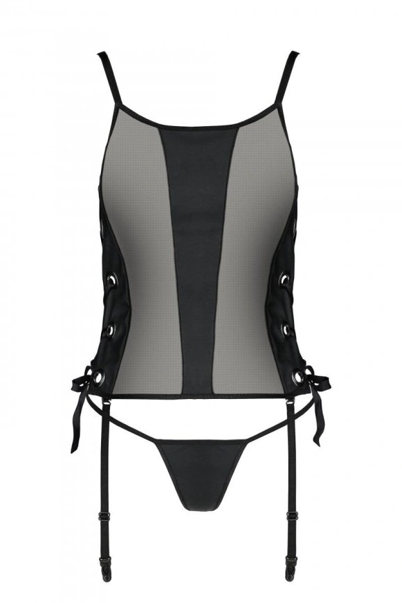 Сетчатый корсет с люверсами и съемными пажами Passion MALWIA CORSET L/XL, black, эко-кожа, стринги фото 3