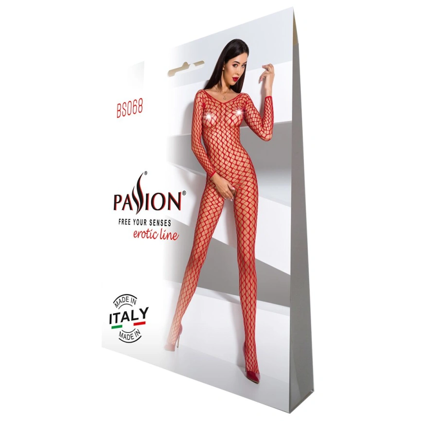 Бодистокинг Passion BS068 red, комбинезон, крупная сетка, длинный рукав фото 12