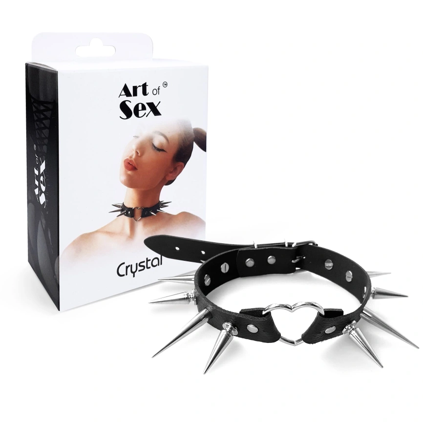 Чокер сердце с большими шипами, из натуральной кожи Art of Sex - Crystal, цвет Черный фото 5