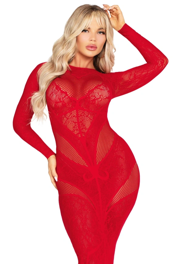 Платье с длинным рукавом Leg Avenue Lace and Net Bodycon Gown One Size, Red фото 5