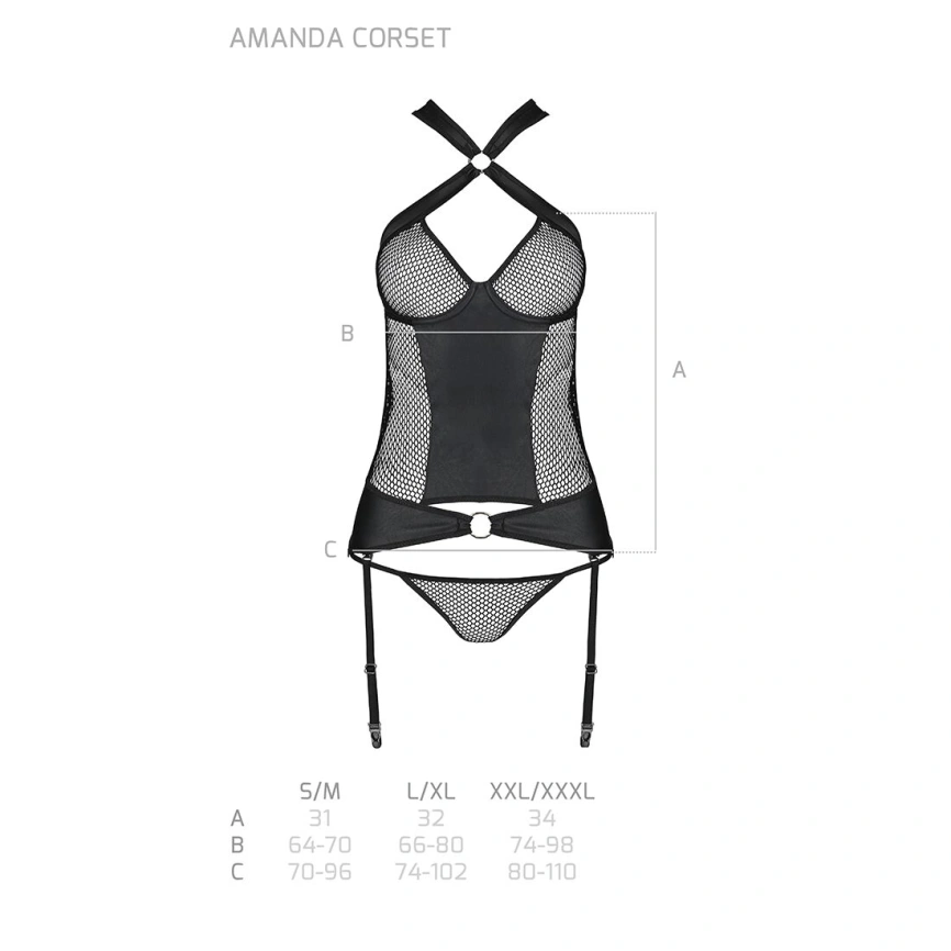 Сетчатый комплект корсет с халтером, съемные подвязки и трусики Passion AMANDA CORSET L/XL, black фото 13