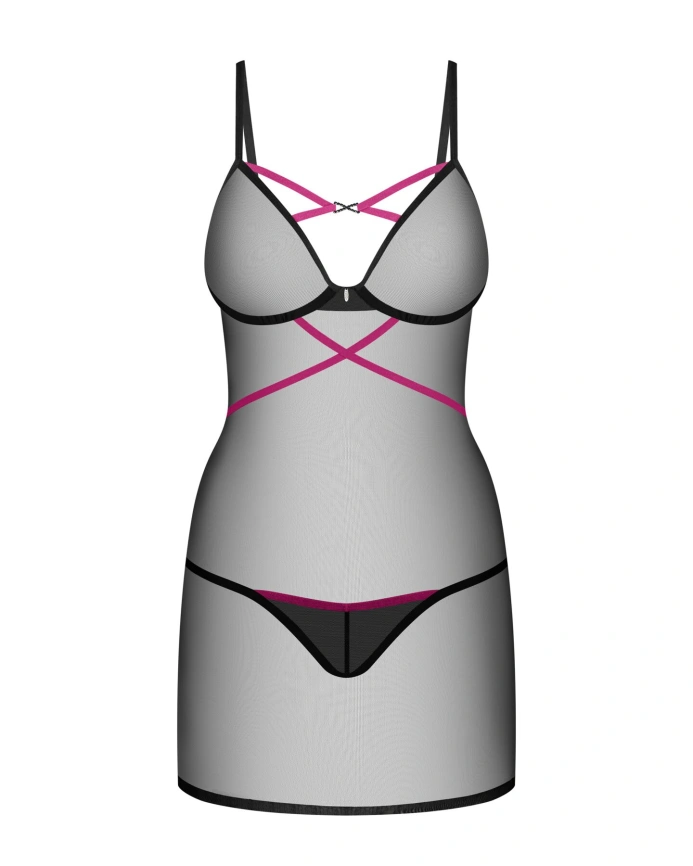 Пеньюар Obsessive Novenes chemise & thong, M/L, облегающий, прозрачный, со стрепами, стринги в компл фото 4