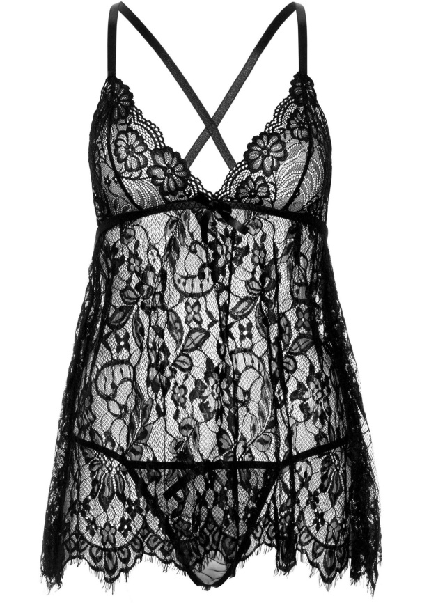 Сорочка бебі-дол Leg Avenue Floral lace babydoll & string Black L, стрінги фото 3