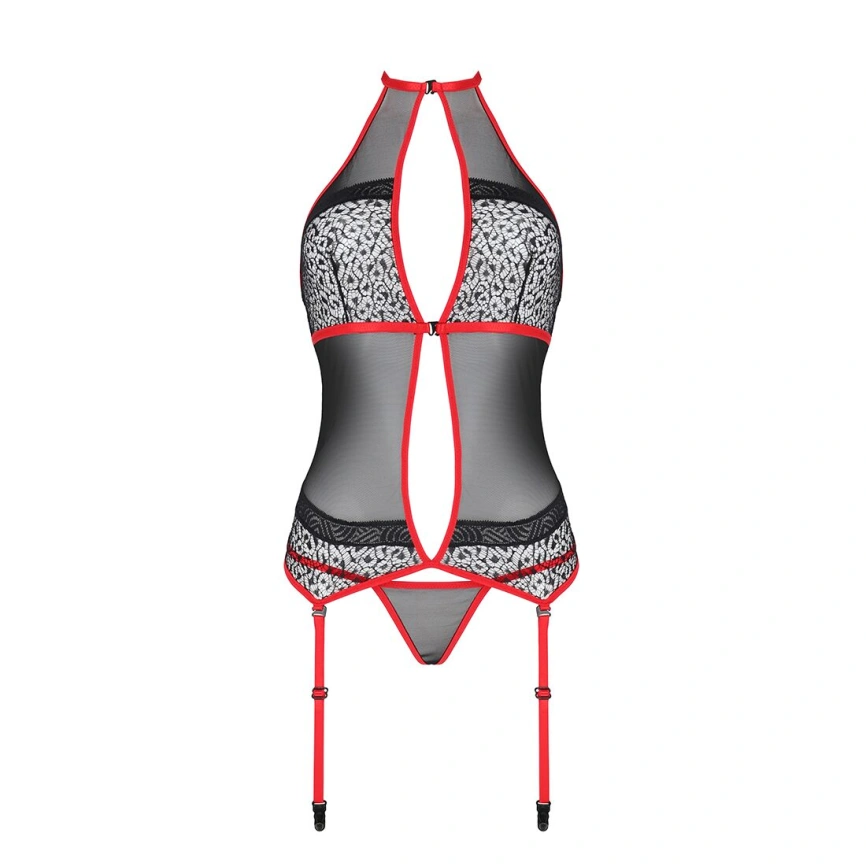 Корсет с пажами Passion SATARA CORSET XXL/XXXL red, стринги, кружево, застежки спереди и сзади фото 10