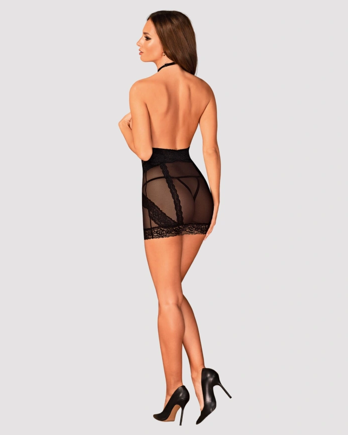 Полупрозрачная сорочка с открытой грудью Obsessive Lacrisia chemise XL/2XL, черная, с чокером фото 4