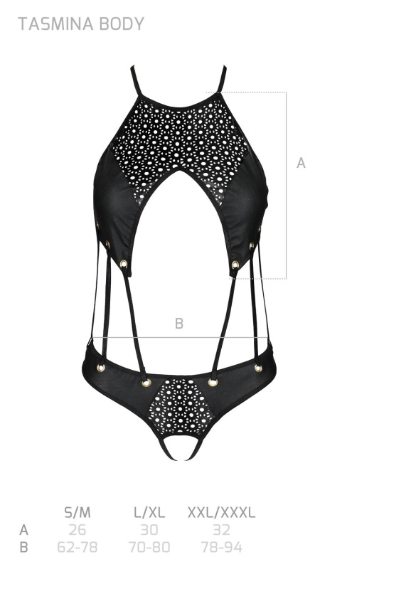 Боді з відкритим доступом Passion TASMINA BODY L/XL black, екошкіра, шнурівки, ажурні мережива фото 7