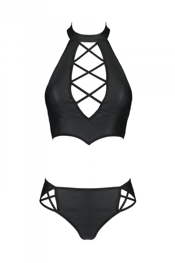 Комплект из эко-кожи Passion NANCY BIKINI L/XL, black, бра и трусики с имитацией шнуровки фото 5