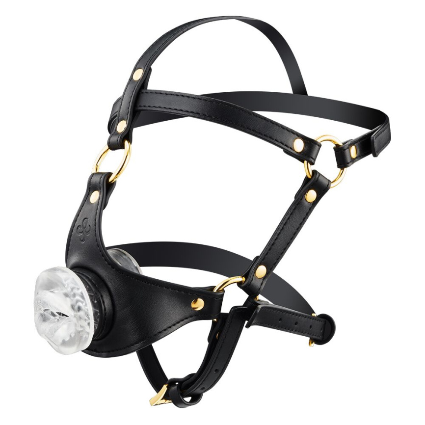 Маска-збруя для мінету LOCKINK SEVANDA Blowjob Head Harness, чорна, з м’якою вставкою у вигляді губ фото 2