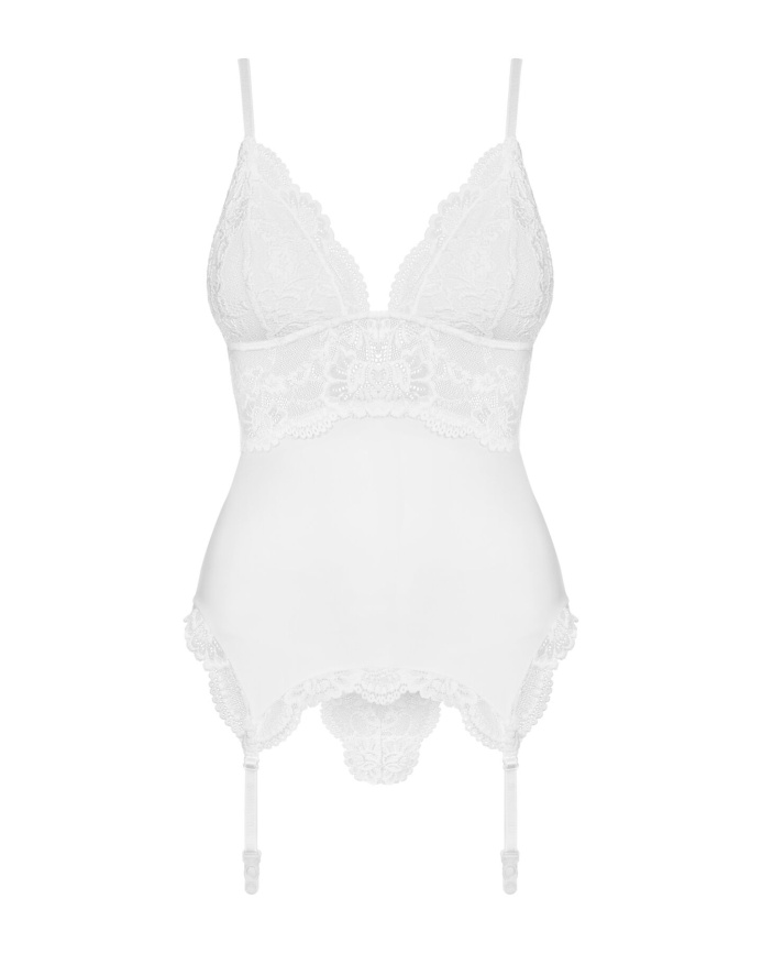 Сатиновий мереживний корсет Obsessive 810-COR-2 babydoll & thong L/XL, білий, корсет, танга фото 5
