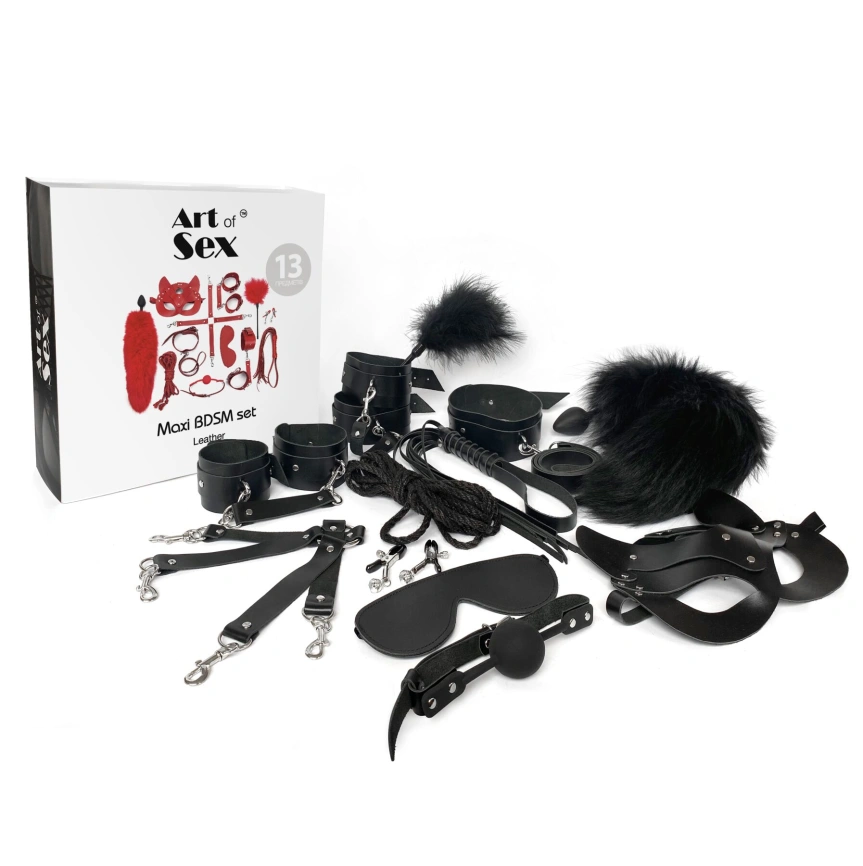 Набор BDSM Art of Sex – Maxi BDSM Set Leather, 13 предметов, черный, натуральная кожа фото 3