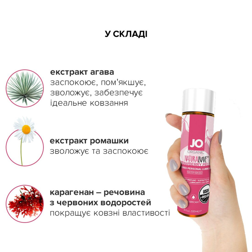 Змазка на водній основі JO NATURALOVE Strawberry (120 мл) з екстрактом ромашки та листя агави фото 4
