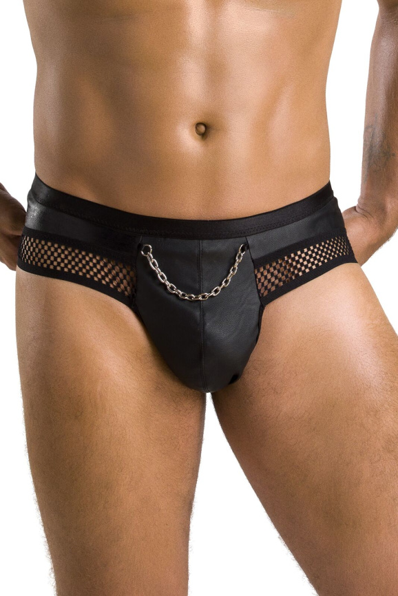 Чоловічі труси з ланцюжком Passion 030 SLIP TOM S/M Black, екошкіра, відкриті сідниці фото 1
