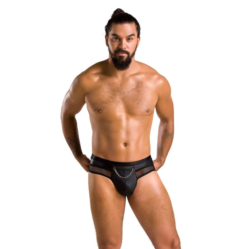 Чоловічі труси з ланцюжком Passion 030 SLIP TOM XXL/XXXL Black, екошкіра, відкриті сідниці фото 9