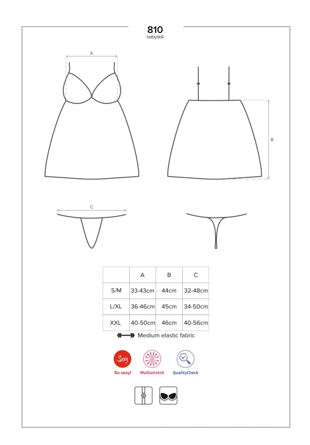 Сатиновый пеньюар с кружевом Obsessive 810-BAB-1 babydoll & thong L/XL, черный, пеньюар, танга фото 7