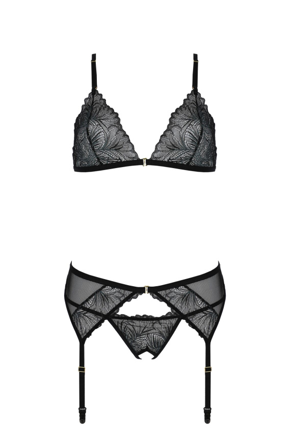 Комплект з відкритим доступом Passion DELIENA SET XXL/XXXL black, ліф, стрінги, пояс для панчіх фото 3