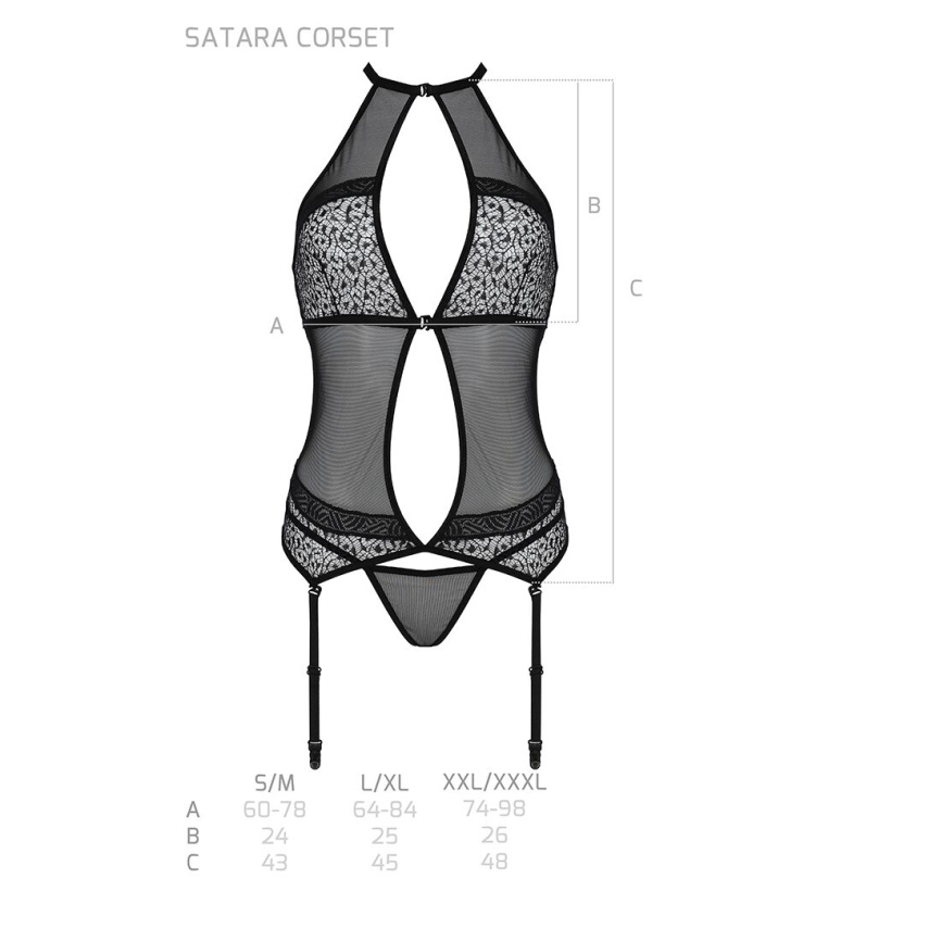 Корсет з пажами Passion SATARA CORSET L/XL black, стрінги, мереживо, застібки спереду та ззаду фото 12