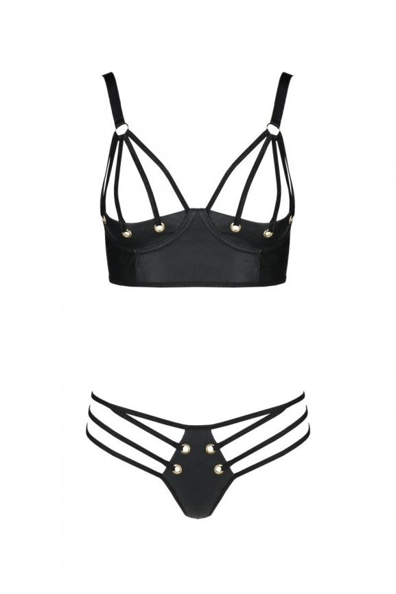 Комплект из эко-кожи с люверсами и ремешками Passion MALWIA BIKINI XXL/XXXL, black, бра и трусики фото 3