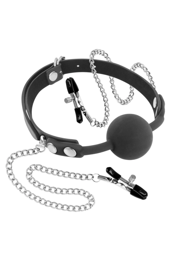 Кляп с силиконовым шариком и зажимами для сосков Fetish Tentation Gag Ball with Nipple Clamps фото 1