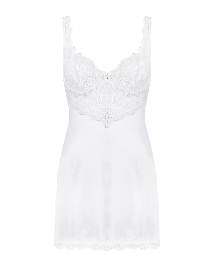 Сорочка Obsessive Amor Blanco underwire chemise & thong, S/M, белая, кружевной лиф, стринги в наборе фото 3