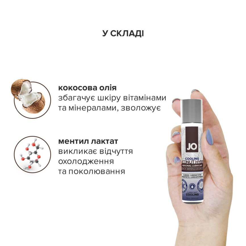Охолоджувальна змазка-крем з кокосовою олією JO Coconut Hybrid COOLING (30 мл) біла фото 8