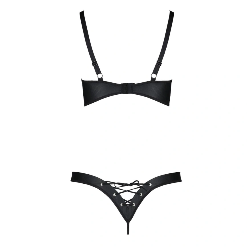 Комплект из экокожи Passion CELINE BIKINI 4XL/5XL black, открытый бра, стринги со шнуровкой фото 8