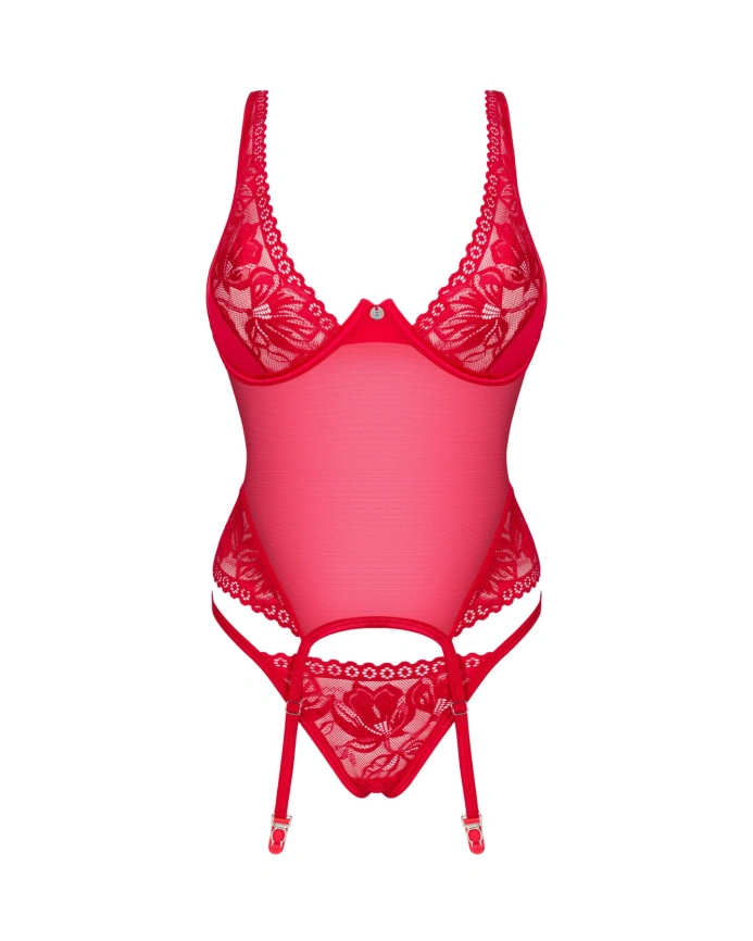 Прозрачный корсет Obsessive Lacelove corset XS/S Red, кружево, подвязки для чулок фото 3