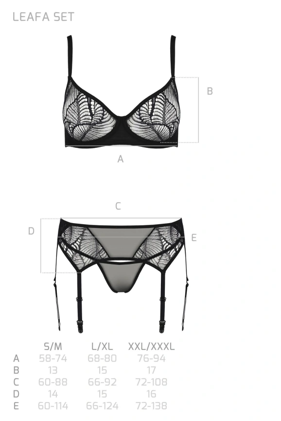 Комплект Passion LEAFA SET black, L/XL, кружево+сетка, бюстгальтер на косточках, стринги, пояс для чулок фото 5