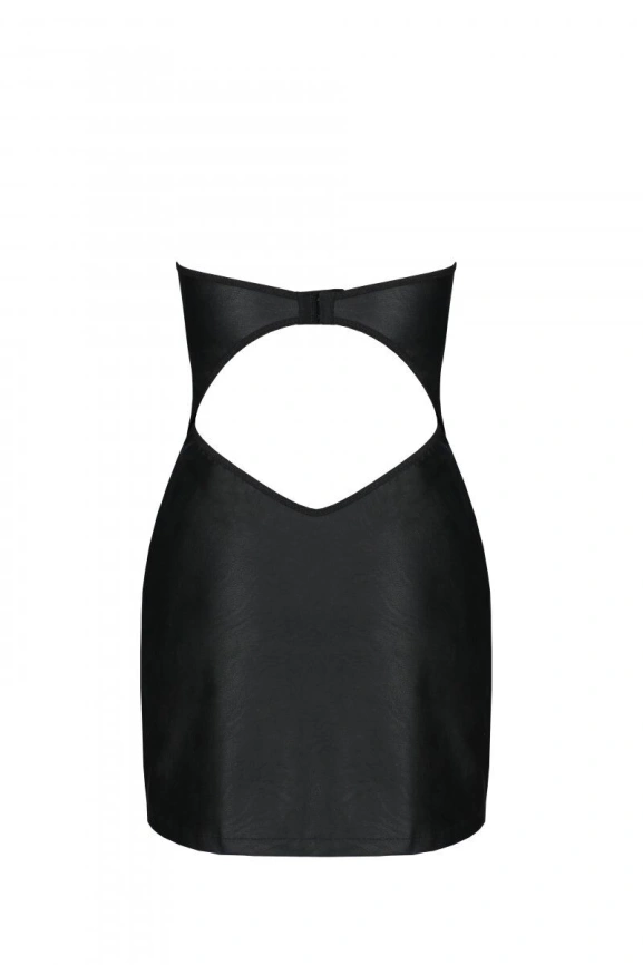 Мини-платье из экокожи Passion CELINE CHEMISE L/XL, black, шнуровка, трусики в комплекте фото 6