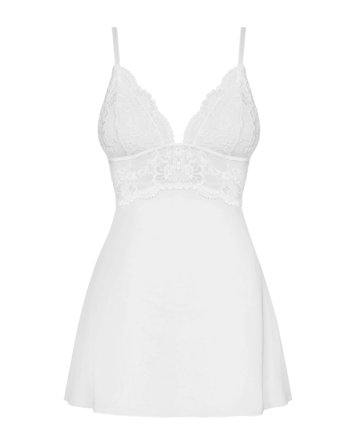 Сатиновый пеньюар с кружевом Obsessive 810-BAB-2 babydoll & thong S/M, белый, пеньюар, танга фото 5