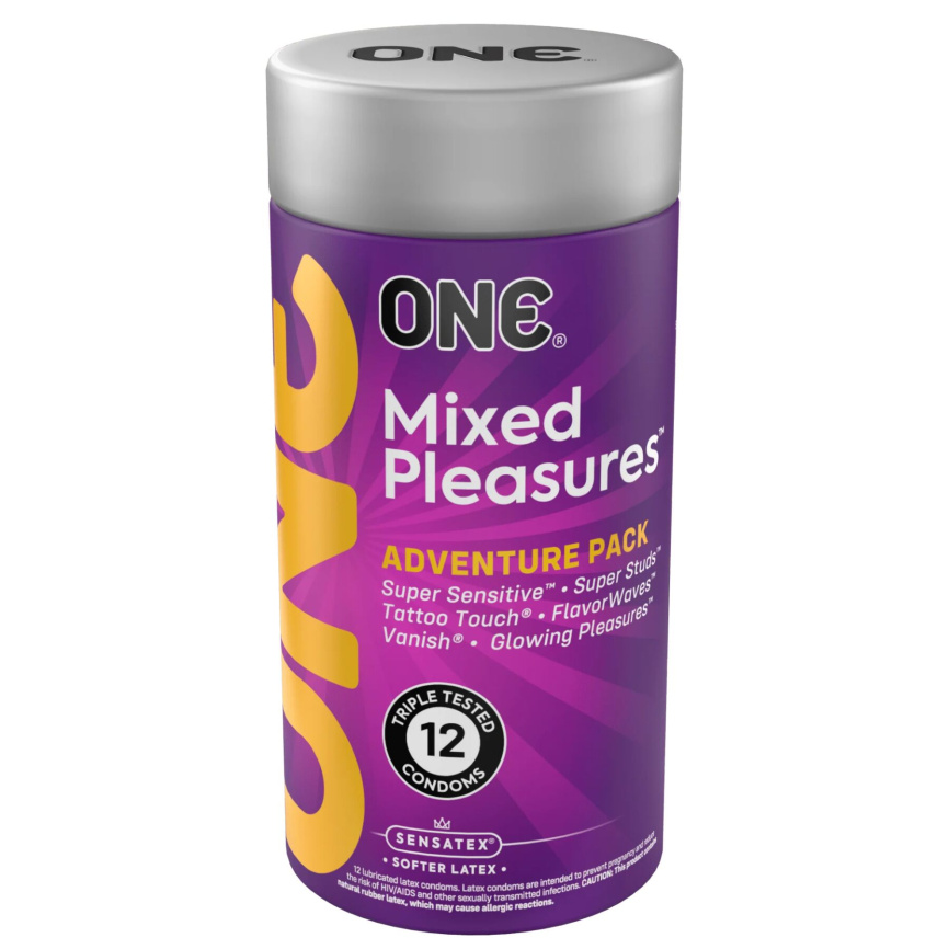 Презервативи ONE Mixed Pleasures, 12 шт, 6 видів, подарункове паковання-тубус фото 1