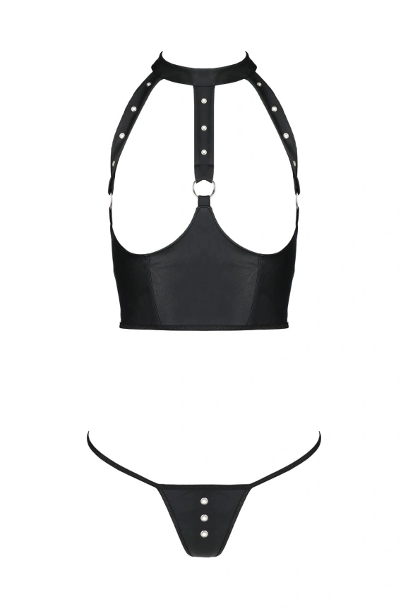 Комплект белья с открытой грудью Passion GENEVIA SET WITH OPEN BRA S/M black, корсет, стринги фото 3
