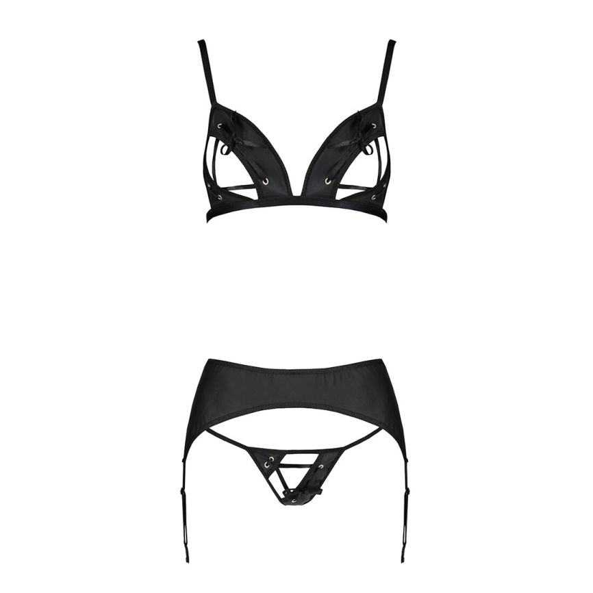 Комплект з екошкіри Passion MILEY SET L/XL, black, трусики, бюстгальтер, пояс для панчіх фото 3
