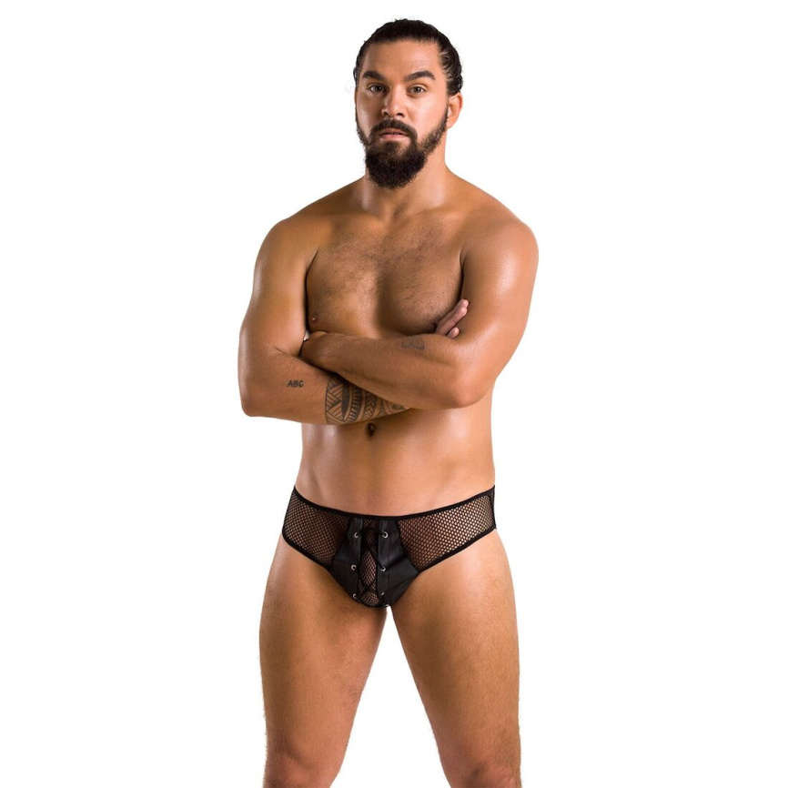 Чоловічі труси зі шнурівкою Passion 035 SLIP RICHARD S/M Black, екошкіра, сітка фото 9