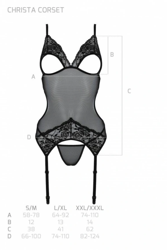 Корсет с подвязками и ажурным лифом Passion CHRISTA CORSET S/M, black, стринги в комплекте фото 6