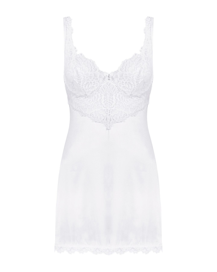 Сорочка Obsessive Amor Blanco underwire chemise & thong,L/XL, біла, мереживний ліф, стрінги в наборі фото 3