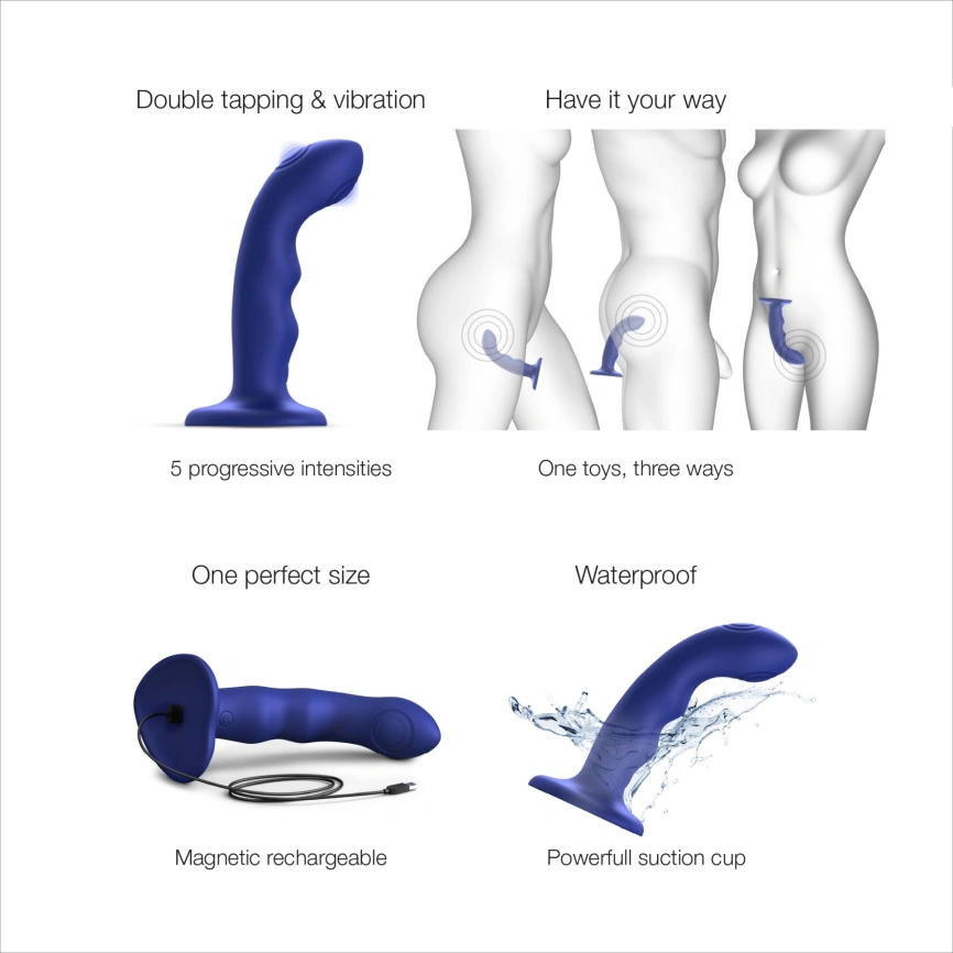 Насадка для страпона с двойной точечной пульсацией Strap-On-Me TAPPING DILDO WAVE – NIGHT BLUE, М фото 3